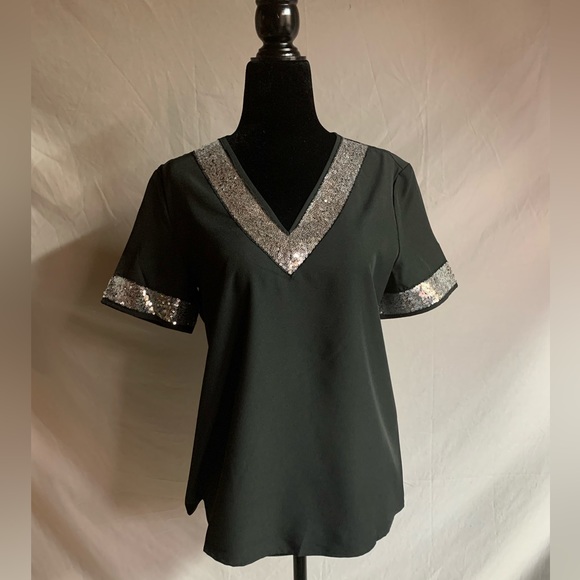 Sequin Black V Neck Blouse - Picture 6 of 9